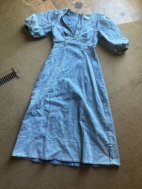 Shop Zoco Denim Puff-Sleeve Midi Dress